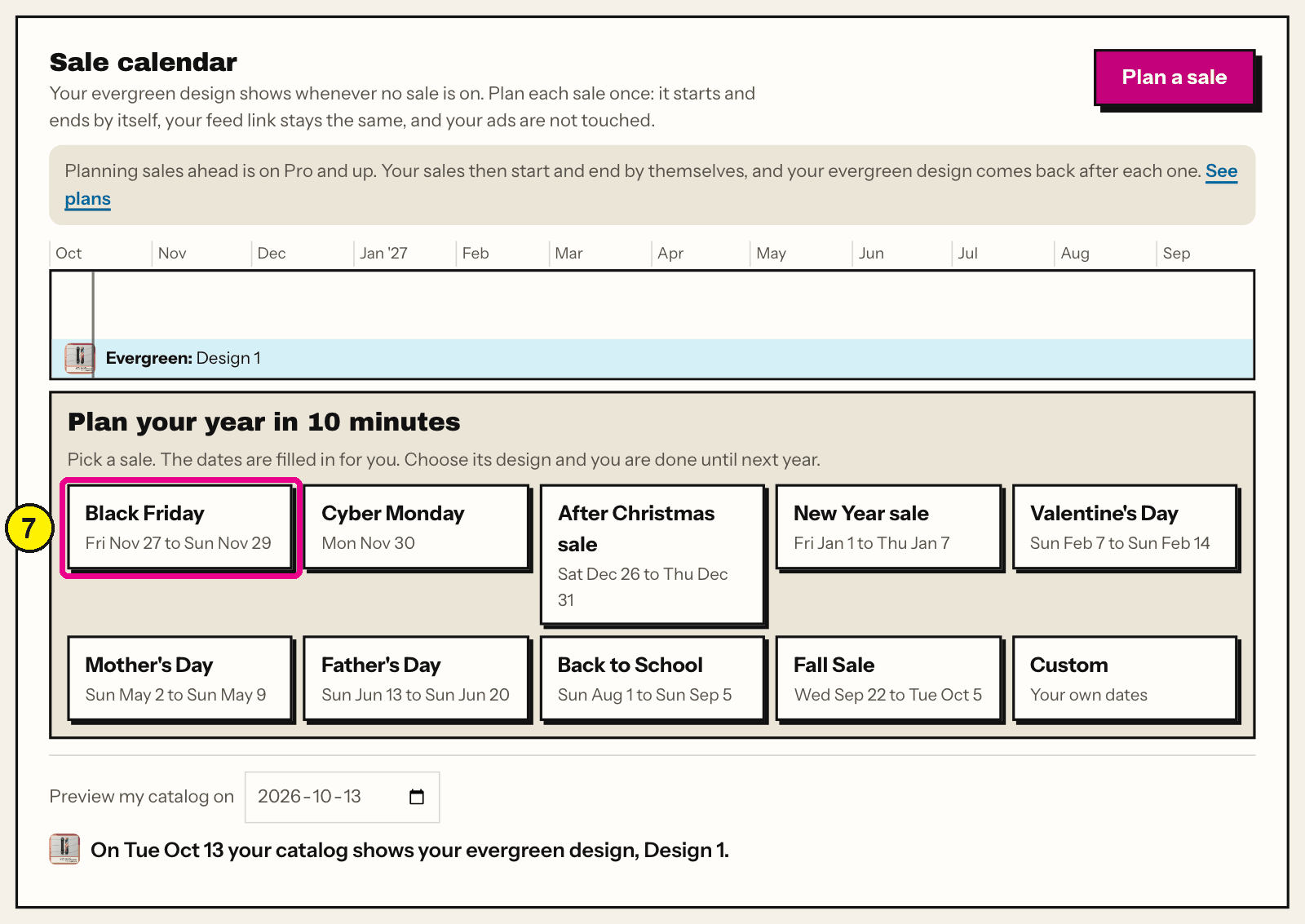 Convinci sale calendar with a year timeline and ready made sales such as Black Friday, Cyber Monday and After Christmas, Black Friday highlighted