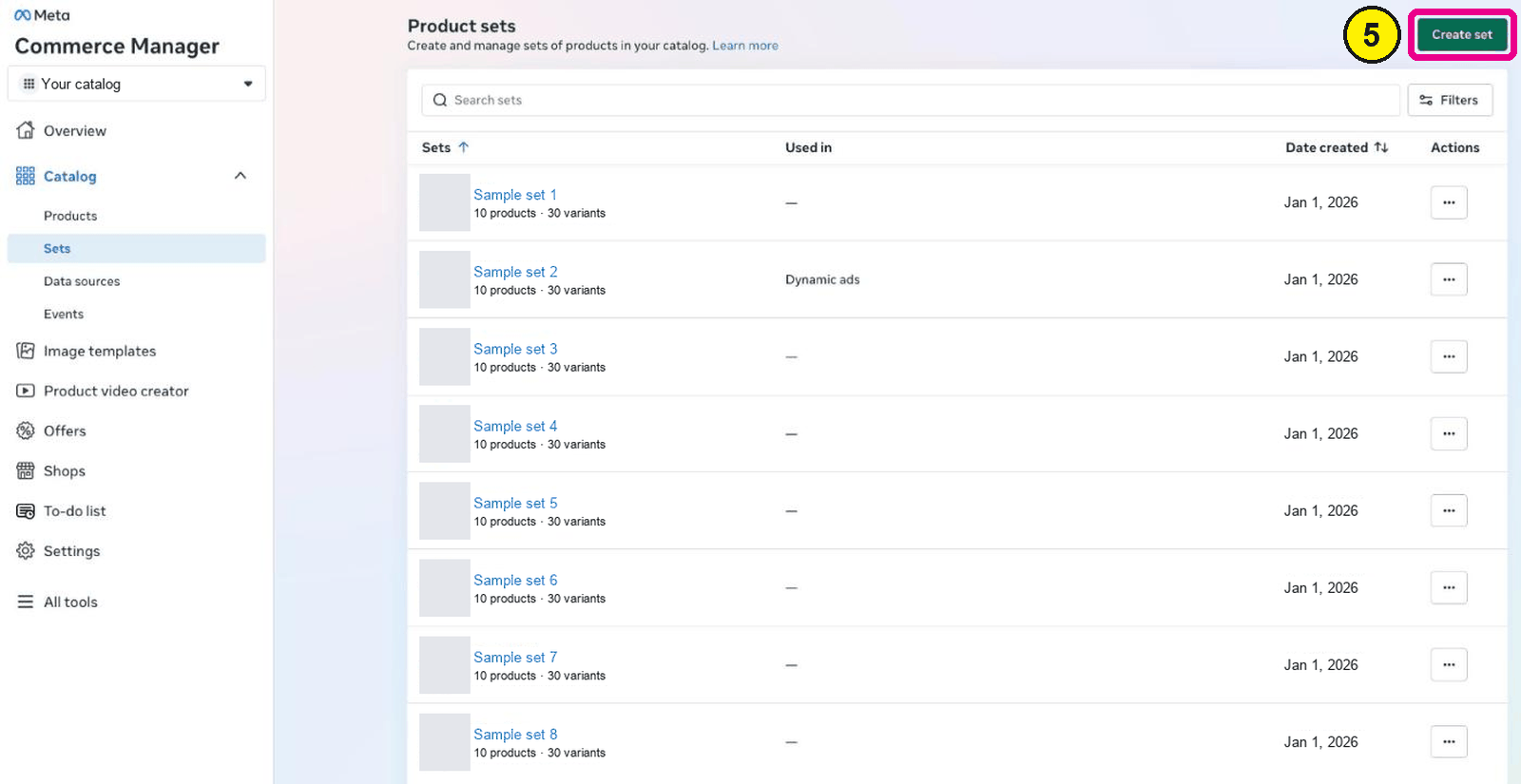 Commerce Manager Product sets page with the Create set button highlighted and sample sets listed