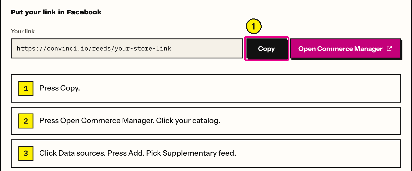 Convinci account page with the feed link, the Copy button highlighted and the Open Commerce Manager button beside it