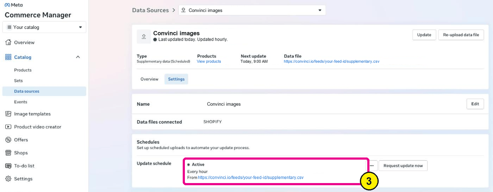 Feed settings in Commerce Manager with the update schedule set to Every hour highlighted