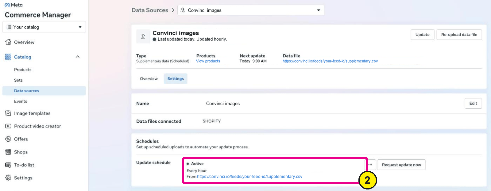 Feed settings in Commerce Manager with the update schedule set to Every hour highlighted