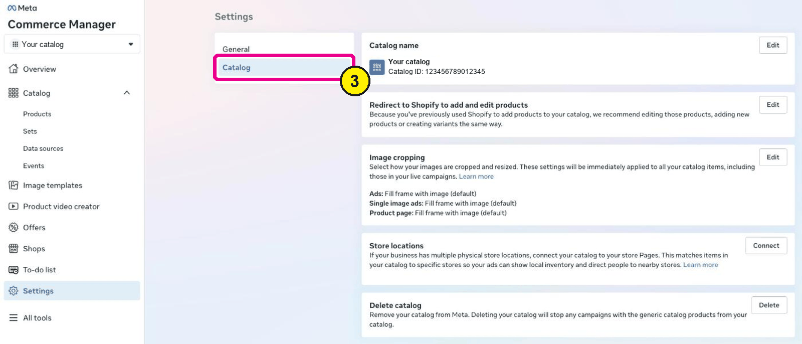 Commerce Manager Settings with the Catalog tab highlighted, showing the catalog name, the Redirect to Shopify setting and image cropping