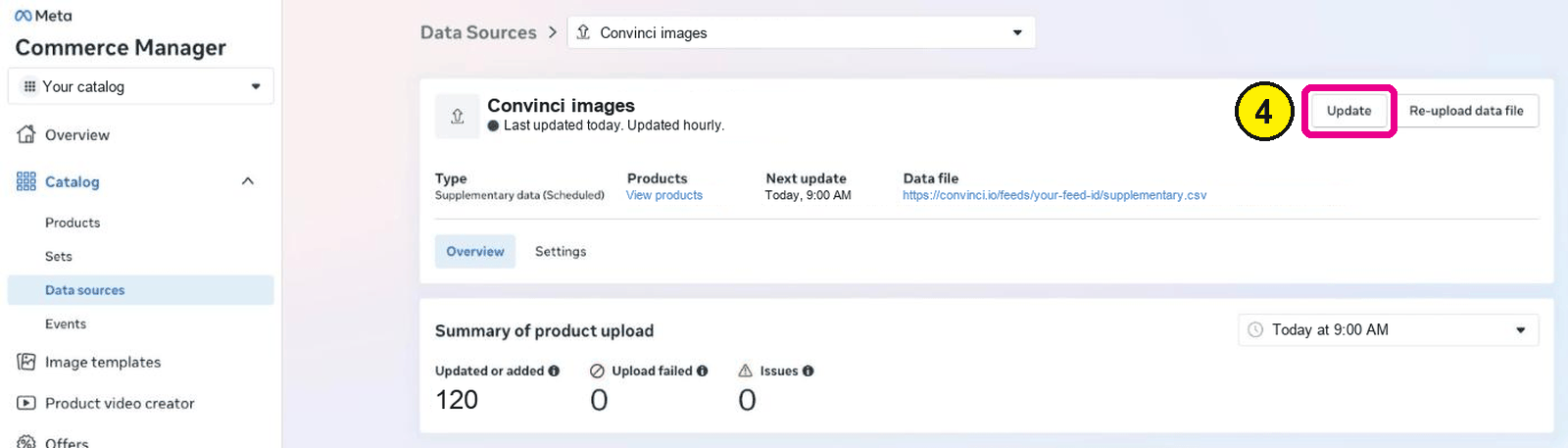 Commerce Manager page for a supplementary feed with the Update button highlighted at the top right
