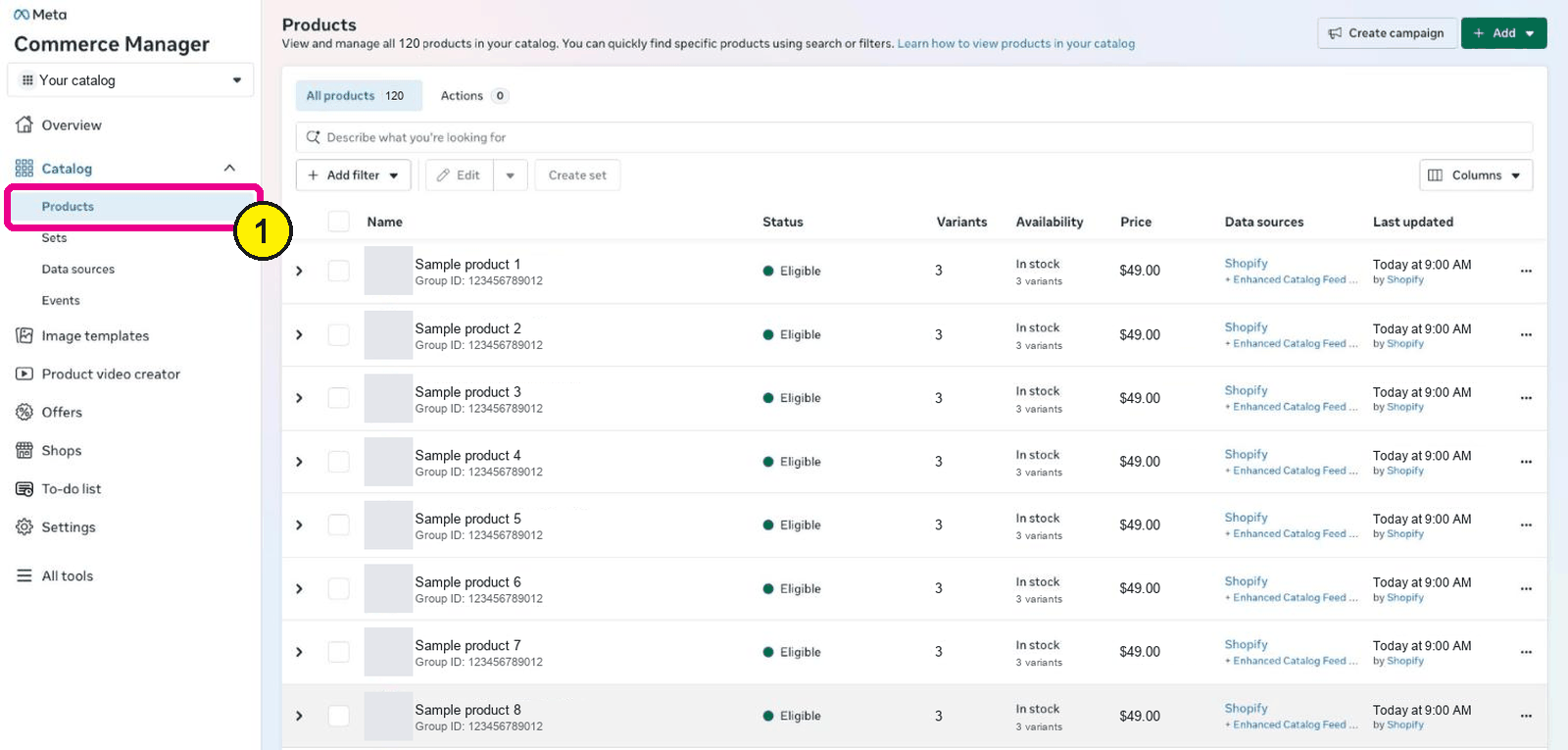 Commerce Manager Products list with Products highlighted in the Catalog menu and sample product rows