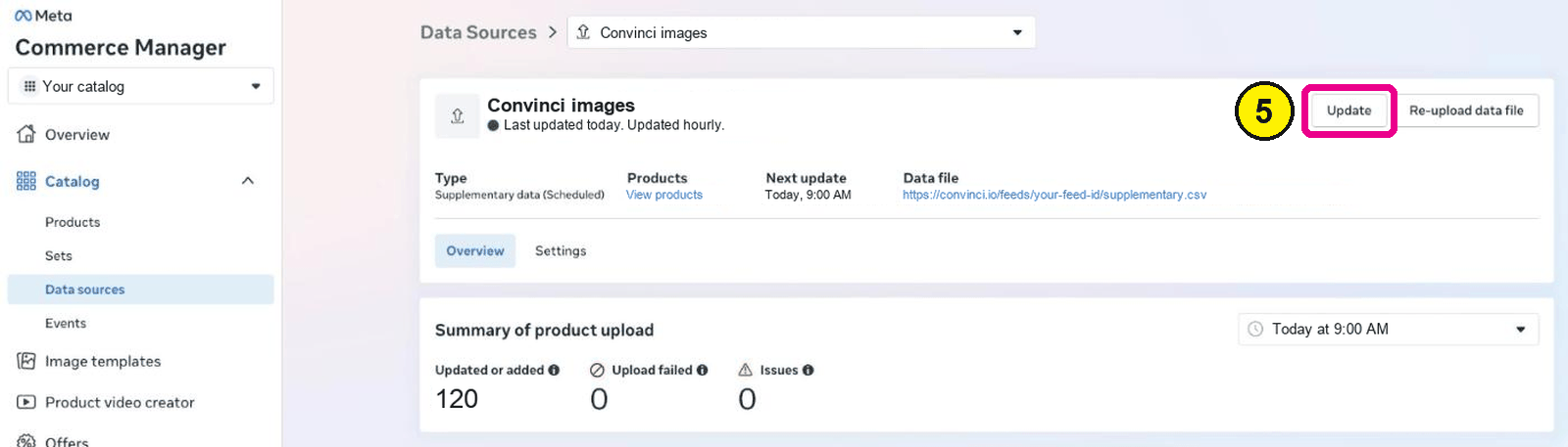 Commerce Manager page for a supplementary feed with the Update button highlighted at the top right