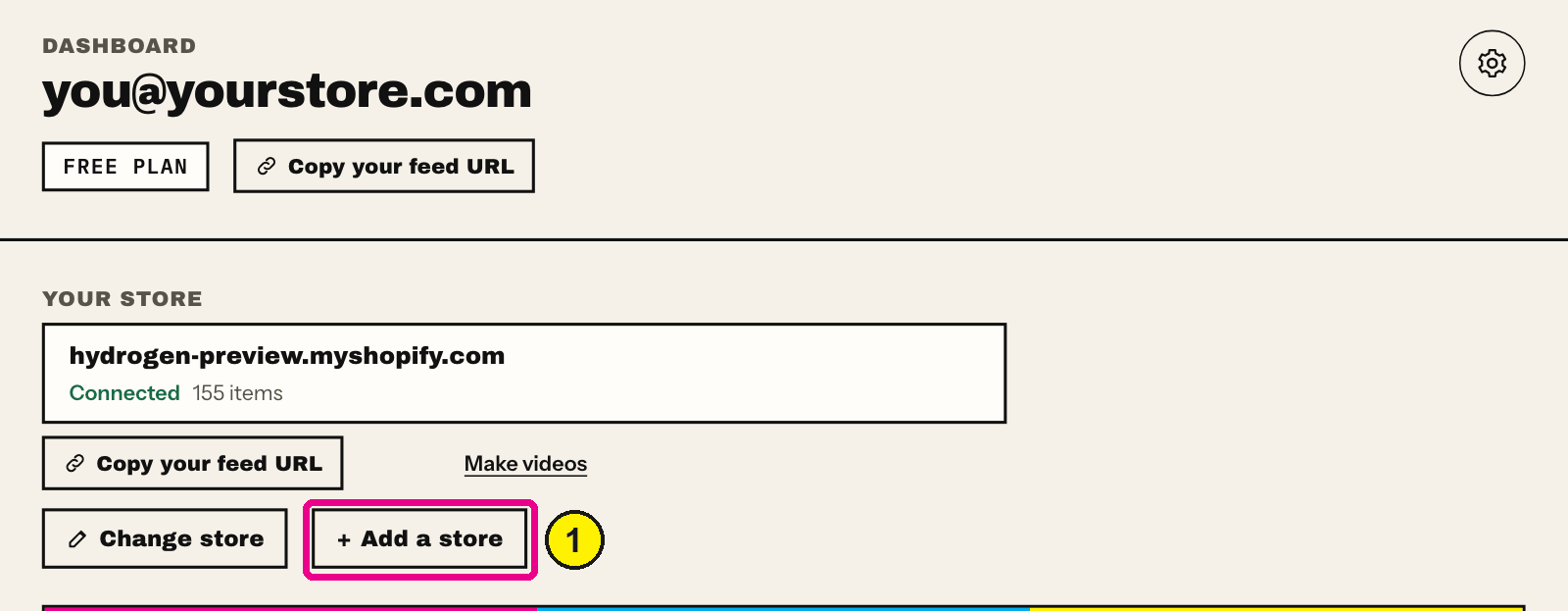 Convinci dashboard with the connected store, the Copy your feed URL and Change store buttons, and the Add a store button highlighted