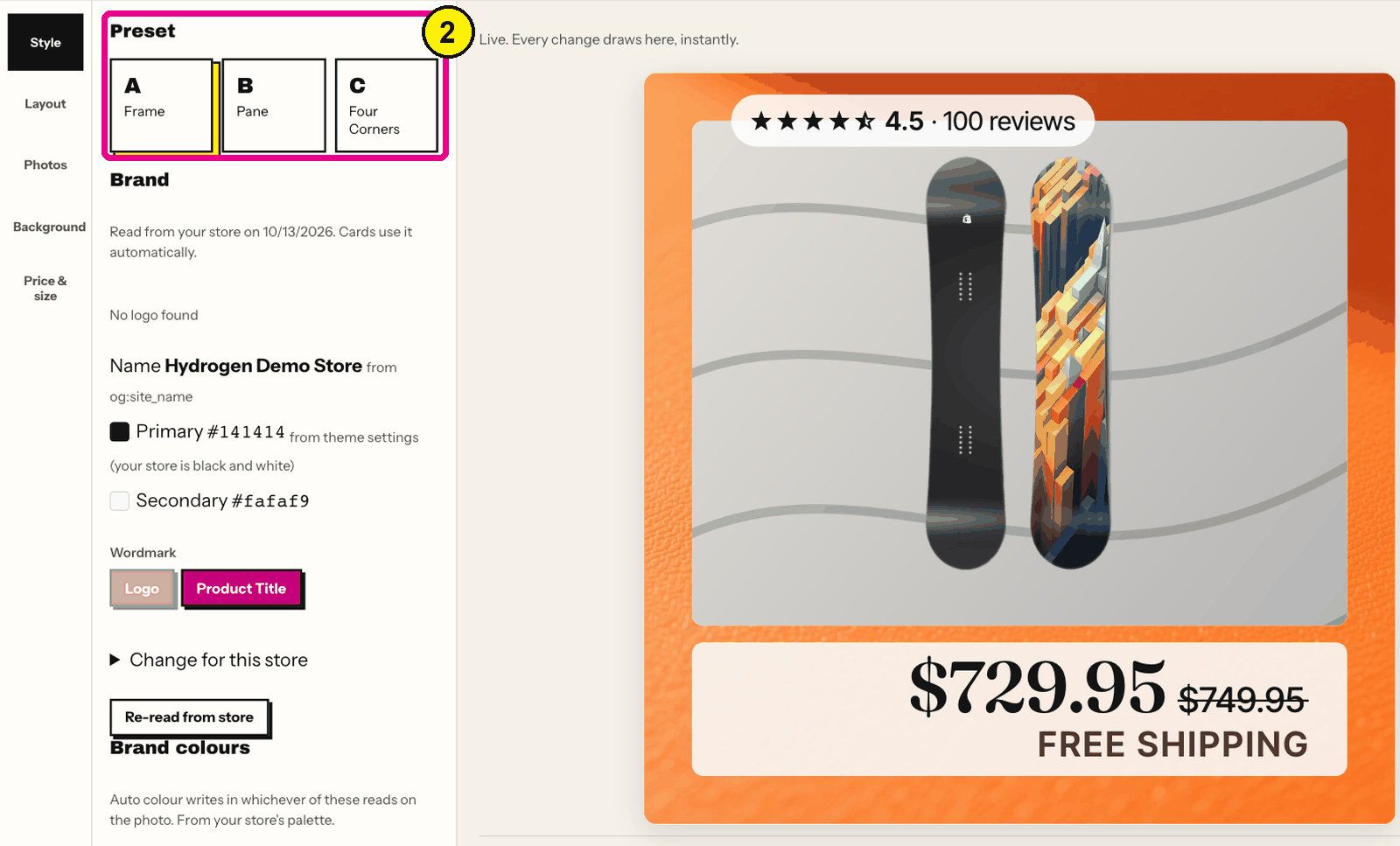 Convinci editor with the three layouts, A Frame, B Pane and C Four Corners, highlighted beside a live card preview
