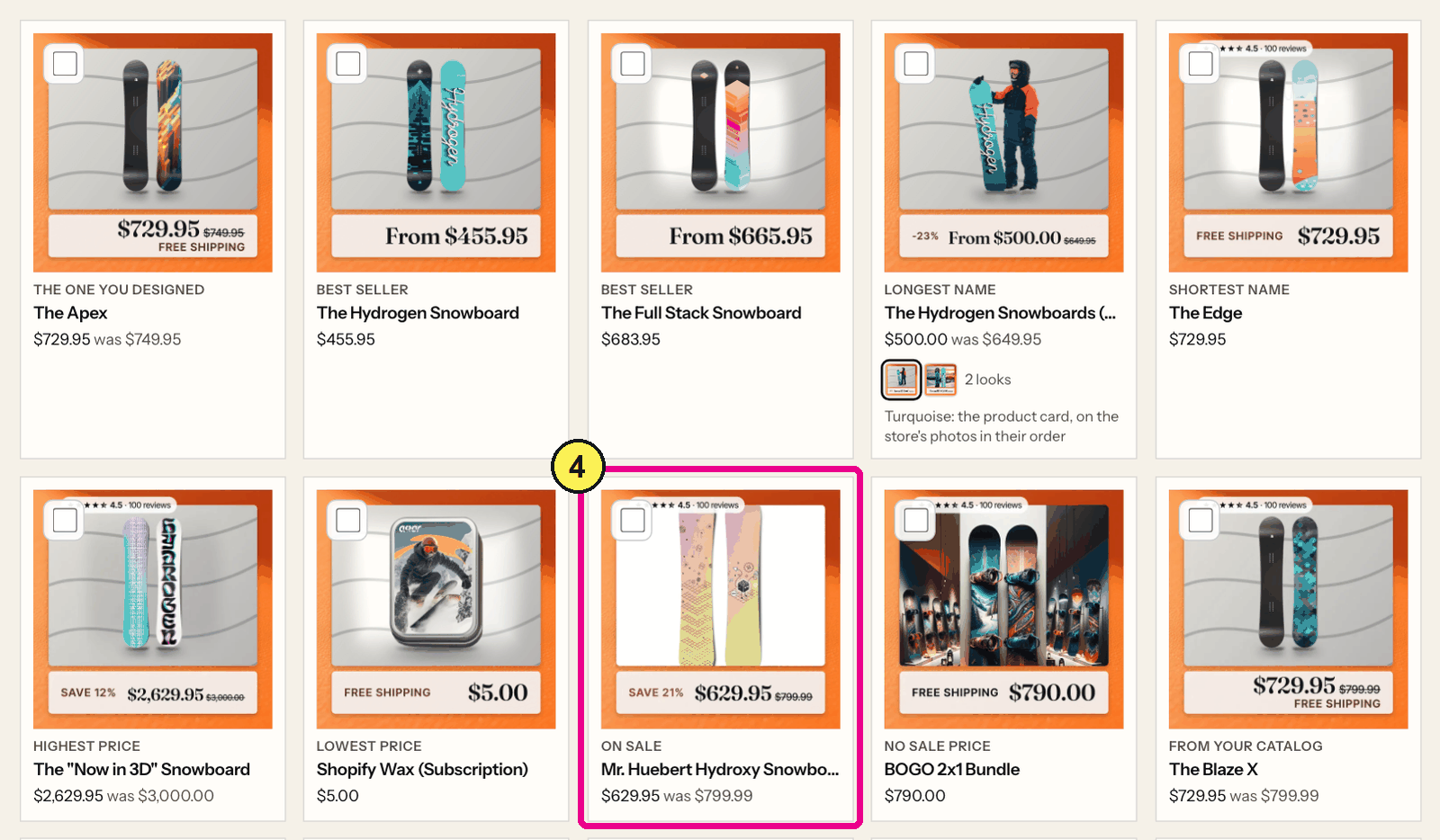Grid of designed product cards where sale items show a SAVE percent badge and the old price, and full price items show a plain price bar