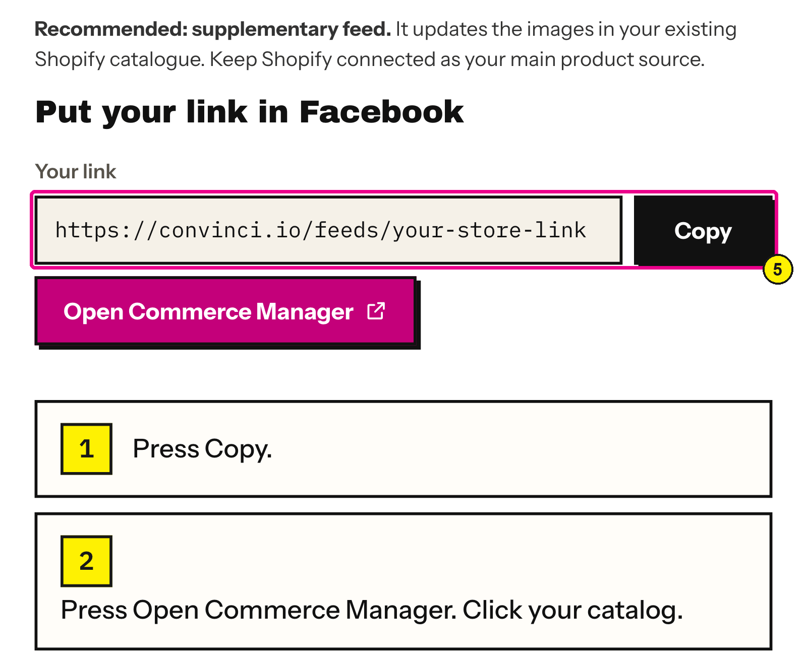 Publish to Meta panel with the feed link and Copy button highlighted, and the Open Commerce Manager button below