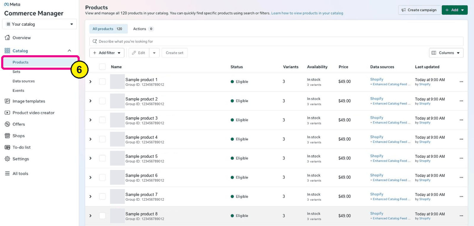 Commerce Manager Products list with Products highlighted in the Catalog menu and sample product rows