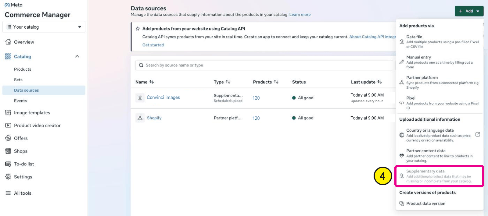 Commerce Manager Data sources page with the Add menu open and Supplementary data highlighted