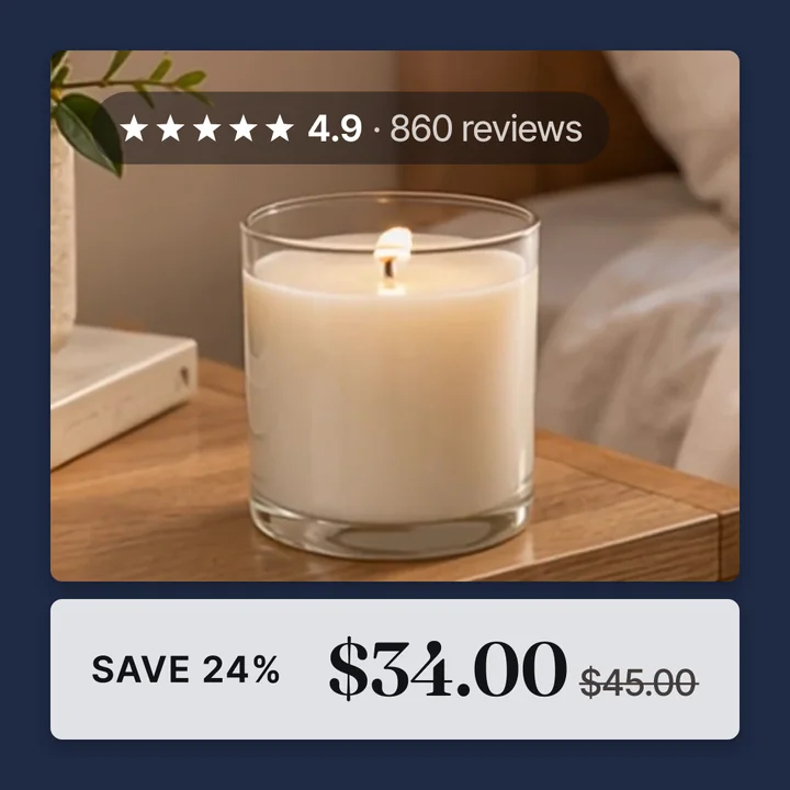 The same candle on a bedside table with a 4.9 star rating and 860 reviews at the top, and SAVE 24% with the sale price below