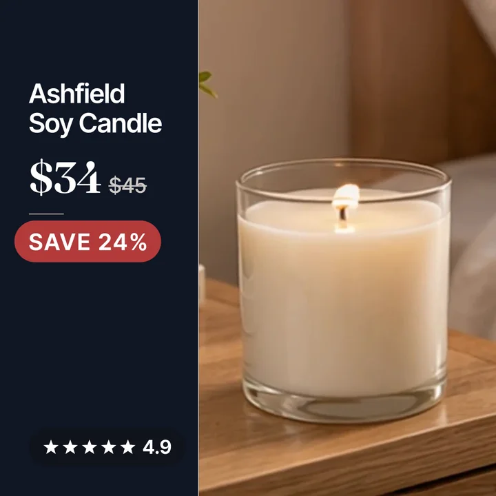 Ashfield Soy Candle beside a dark pane with the name, $34 over $45, a SAVE 24% badge and a 4.9 star rating