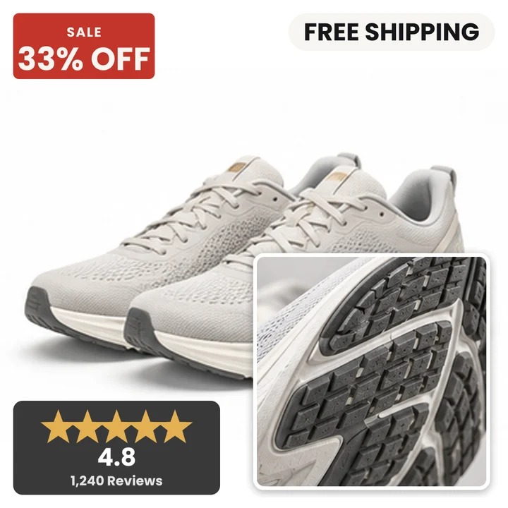 The same running shoe as a Bold Sale card: a 33 percent off badge top left, a free shipping pill top right, a 4.8 star rating panel bottom left and a second product shot inset bottom right