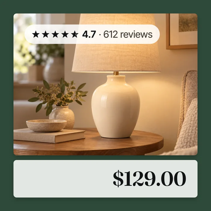 A cream ceramic lamp on a side table inside a dark green frame, with a 4.7 star rating and 612 reviews at the top and the $129 price below