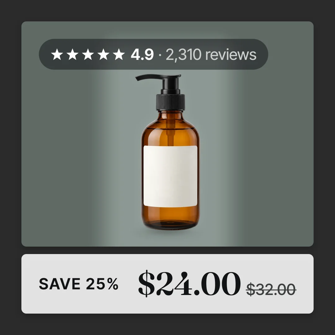 An amber glass pump bottle inside a dark frame, with a 4.9 star rating and 2,310 reviews at the top and SAVE 25%, $24.00 over $32.00 below