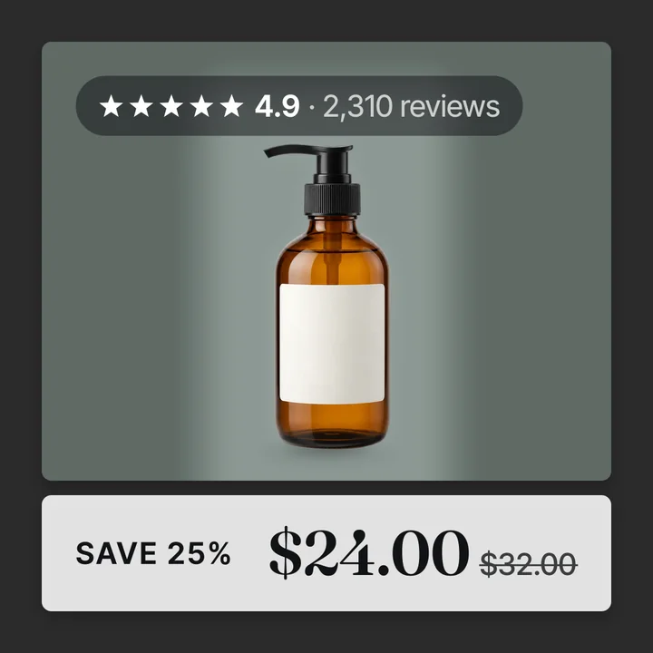 Marpipe alternative example: the same amber pump bottle as a Convinci catalog ad, with a 4.9 star rating, SAVE 25% and $24.00 over $32.00