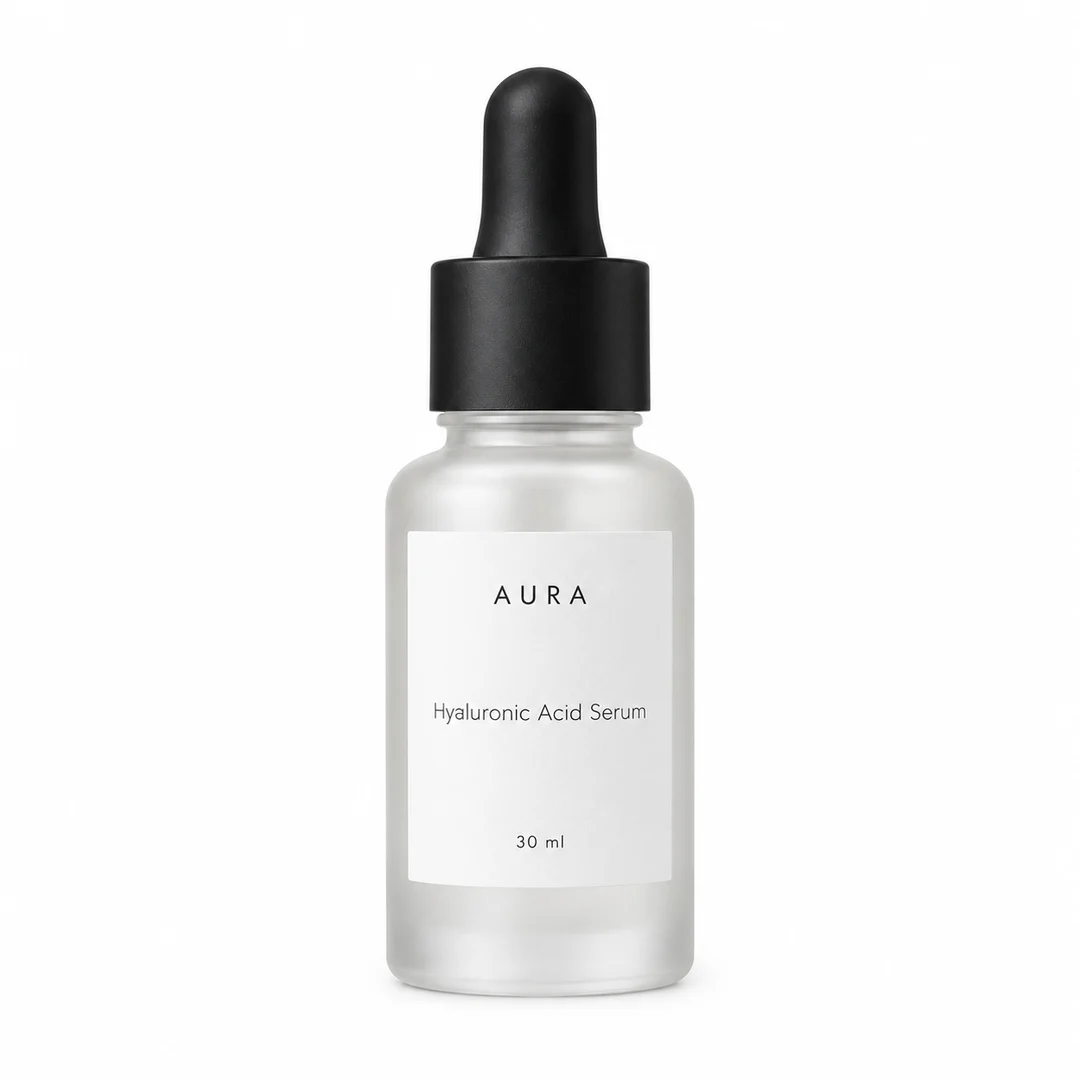 A frosted glass dropper bottle of face serum on a plain white background, the catalog photo as it comes out of the store