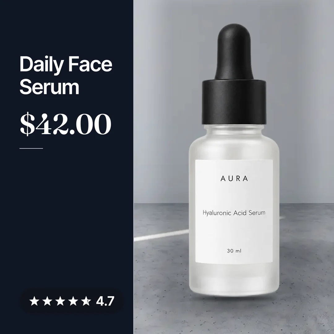 The same serum on a gray backdrop beside a navy pane with the name Daily Face Serum, the $42 price and a 4.7 star rating