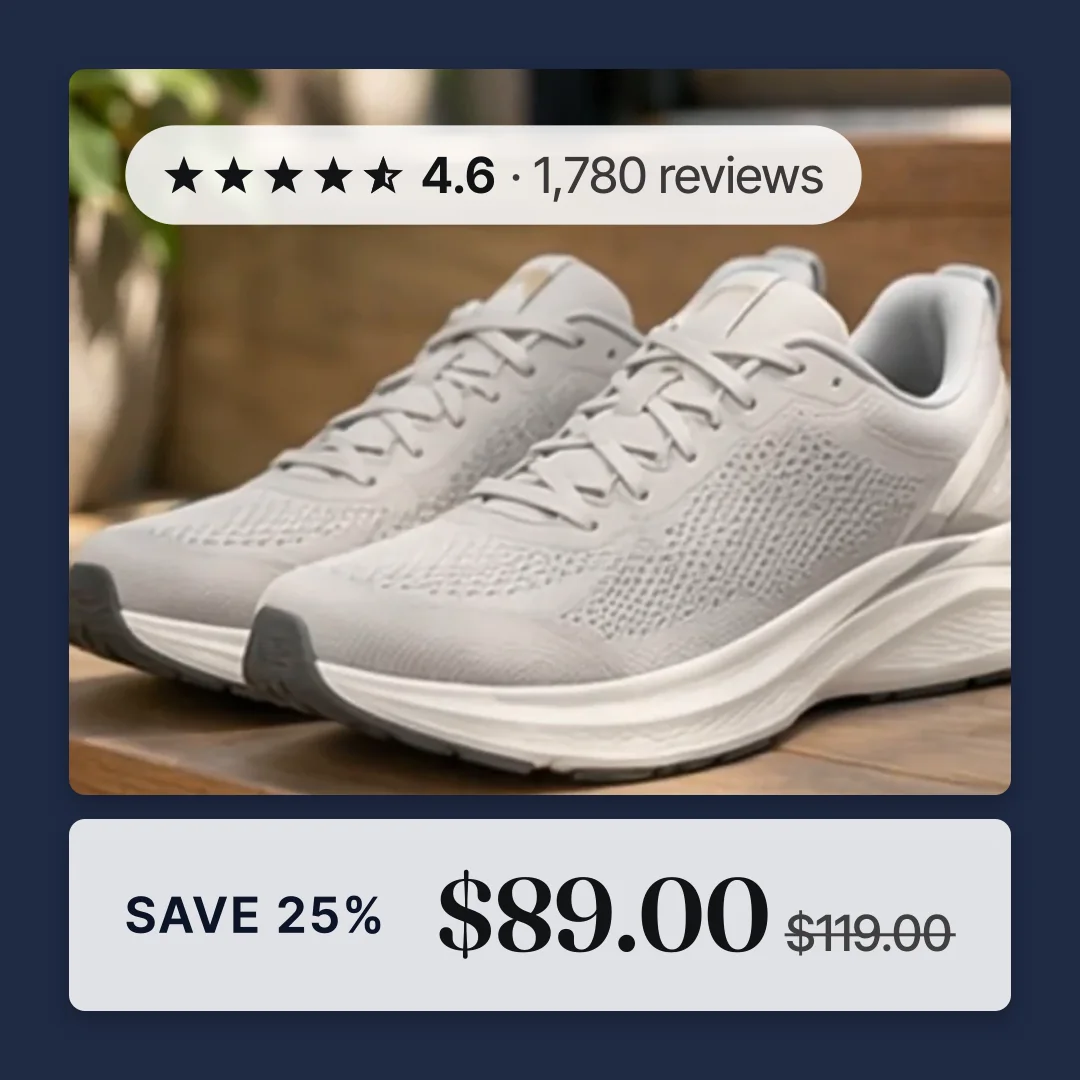 Gray running shoes inside a navy frame, with a 4.6 star rating and 1,780 reviews at the top and SAVE 25%, $89.00 over $119.00 below