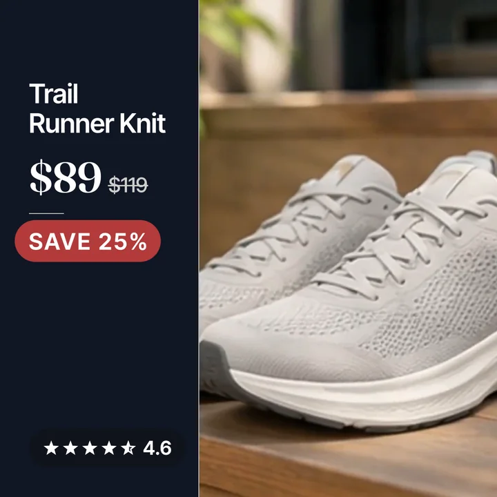 Trail Runner Knit shoes beside a dark pane with the name, $89 over $119, a SAVE 25% badge and a 4.6 star rating