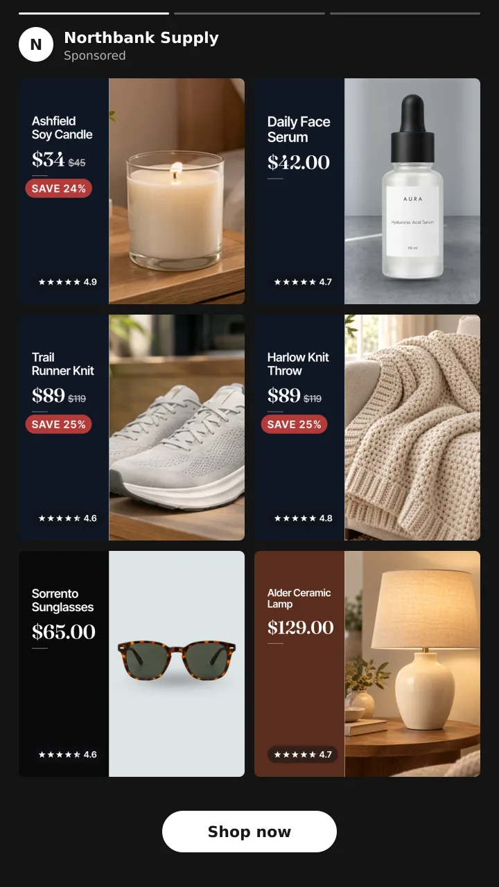 A 9:16 story from the store Northbank Supply: six catalog cards in the same trust strip template, two across and three down, for a candle, a face serum, a running shoe, a knit throw, sunglasses and a lamp, each with its name, price and star rating in a dark side pane