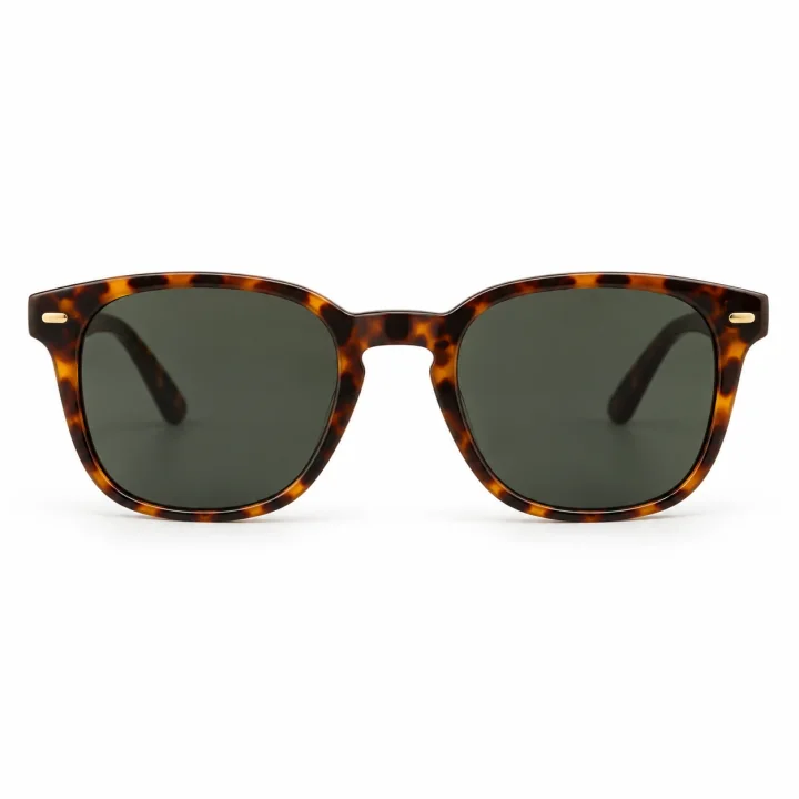 Tortoise shell sunglasses on a plain white background, a catalog photo with nothing added