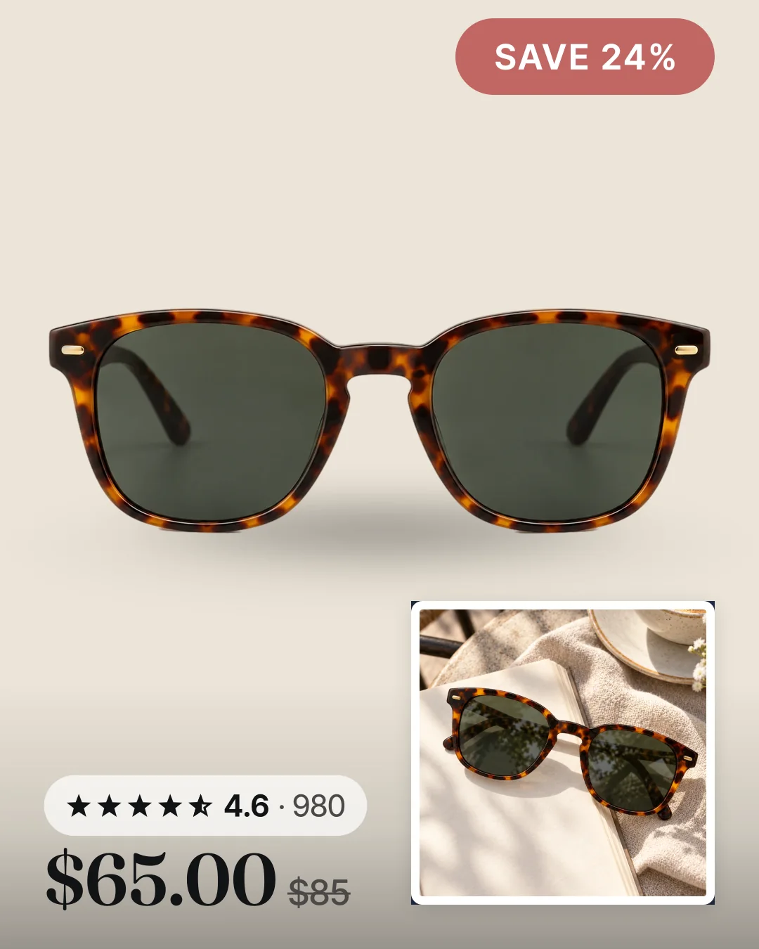 Tortoise shell sunglasses as a template C Four Corners card: the frames cut out on our paper ground, the store name top left, a SAVE 24% badge top right, the reviews and price bottom left and the lifestyle photo of the sunglasses on an open book as a card bottom right