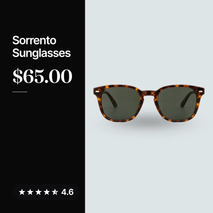 Sorrento Sunglasses beside a dark pane with the name, the $65.00 price and a 4.6 star rating