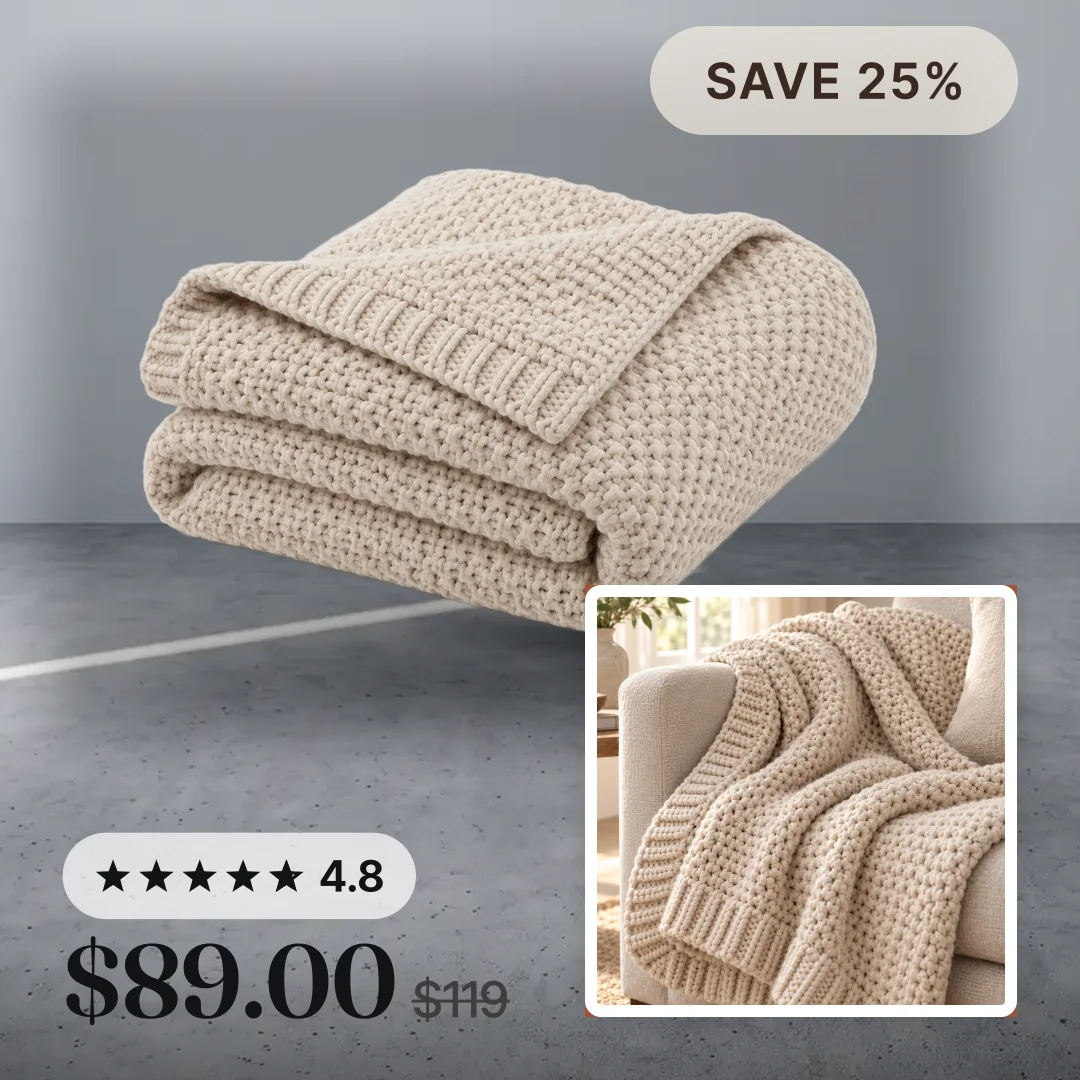 A cream knit throw on a gray ground with a SAVE 25% badge, a 4.8 star rating, $89.00 over $119 and a lifestyle photo in the corner