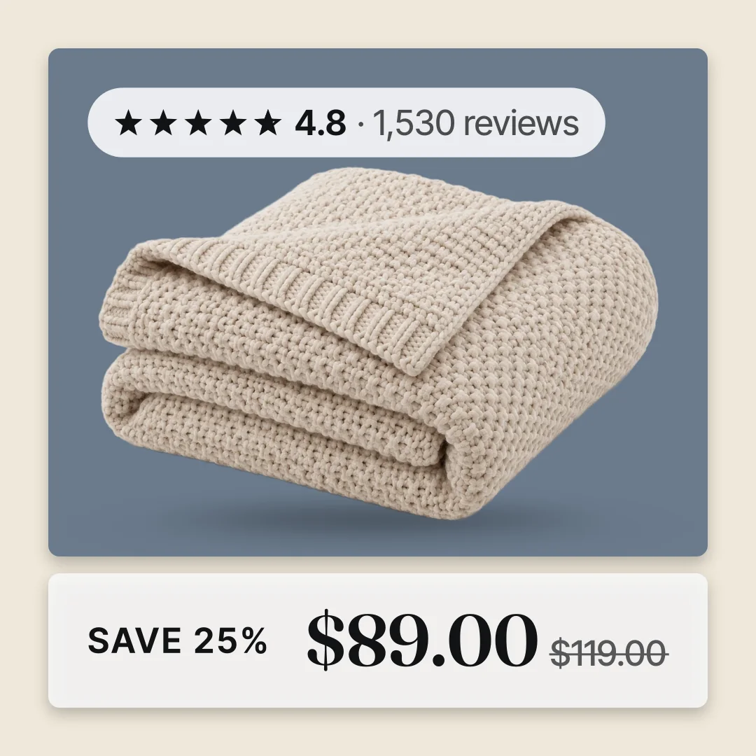 A cream knit throw cut out on a dusty blue ground inside a cream frame, with the star rating, a SAVE 25% badge and the sale price