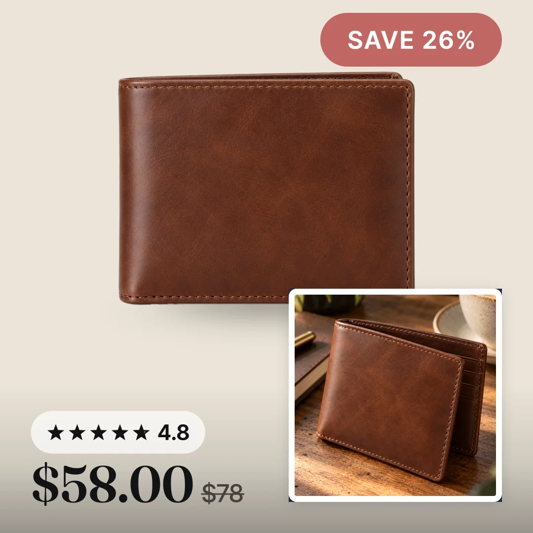 A brown leather wallet on a cream background with a SAVE 26% badge, a 4.8 star rating, the $58 sale price and a lifestyle photo in the corner