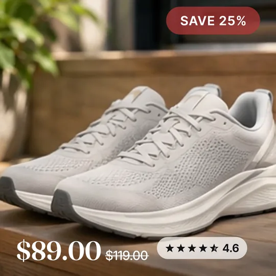 A knit running shoe in a lifestyle photo as a template C Four Corners card, with a sale badge, the reviews and the price in the corners