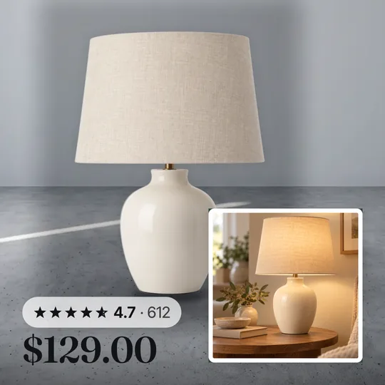 A cream ceramic lamp as a template C Four Corners card, cut out with the lifestyle photo in the corner and the price