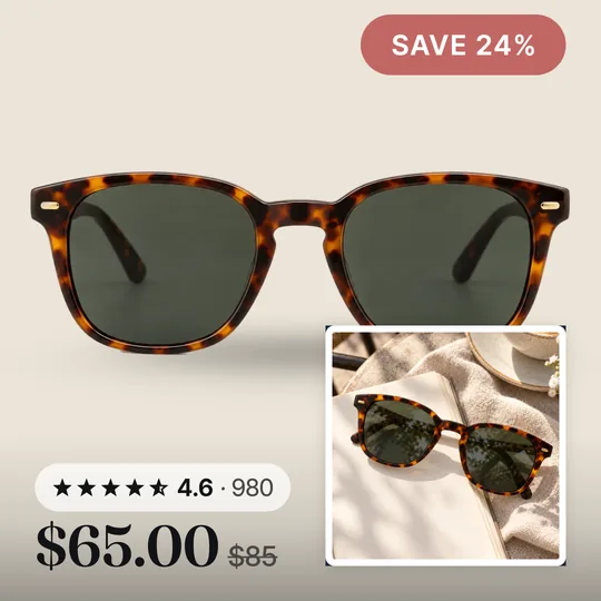 Tortoise shell sunglasses as a template C Four Corners card, cut out on our SVG paper ground with a sale badge and the lifestyle photo in the corner
