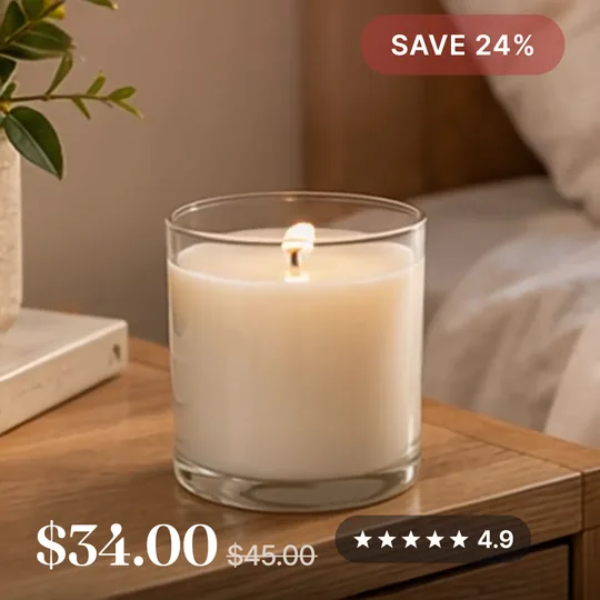 A soy candle in a lifestyle photo as a template C Four Corners card, with a sale badge, the reviews and the price in the corners
