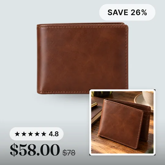 A brown leather wallet as a template C Four Corners card, cut out on our diagonal band ground with a sale badge and the lifestyle photo in the corner