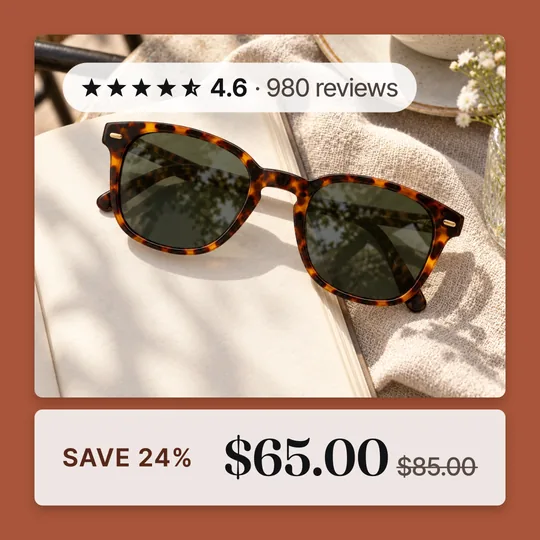 Tortoise shell sunglasses in a lifestyle photo as a template A Frame card, with the reviews and the sale price
