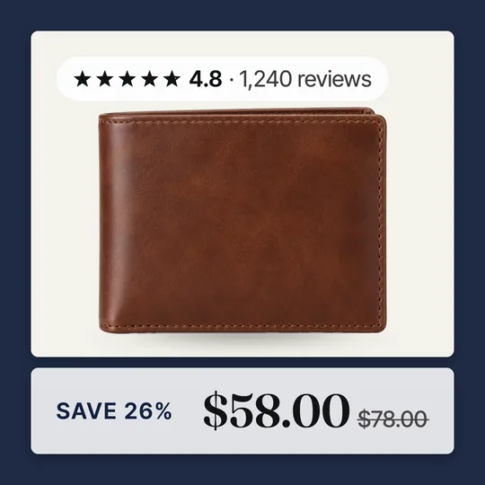 A brown leather wallet as a template A Frame card, cut out on a fine grid ground inside a navy frame with the sale price