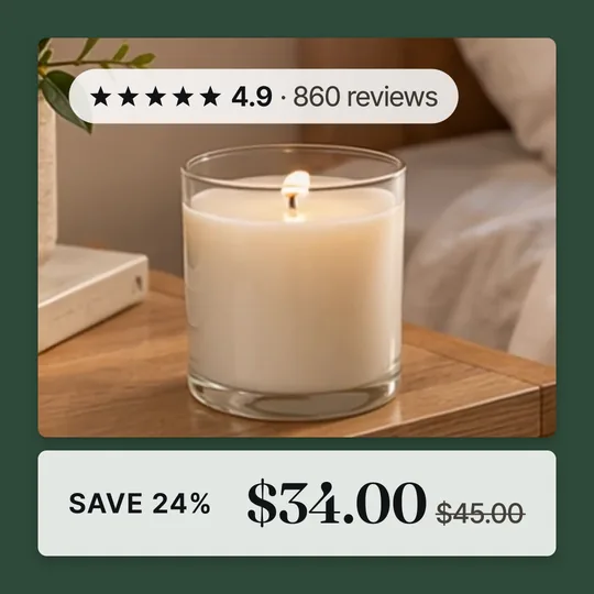 A soy candle on a bedside table as a template A Frame card, with the reviews and the sale price